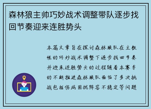 森林狼主帅巧妙战术调整带队逐步找回节奏迎来连胜势头