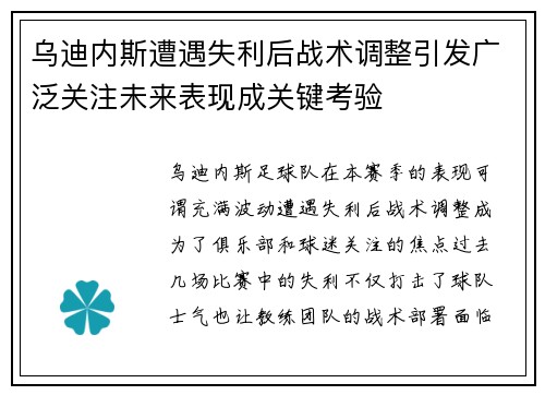 乌迪内斯遭遇失利后战术调整引发广泛关注未来表现成关键考验