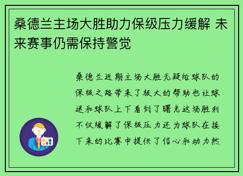 桑德兰主场大胜助力保级压力缓解 未来赛事仍需保持警觉